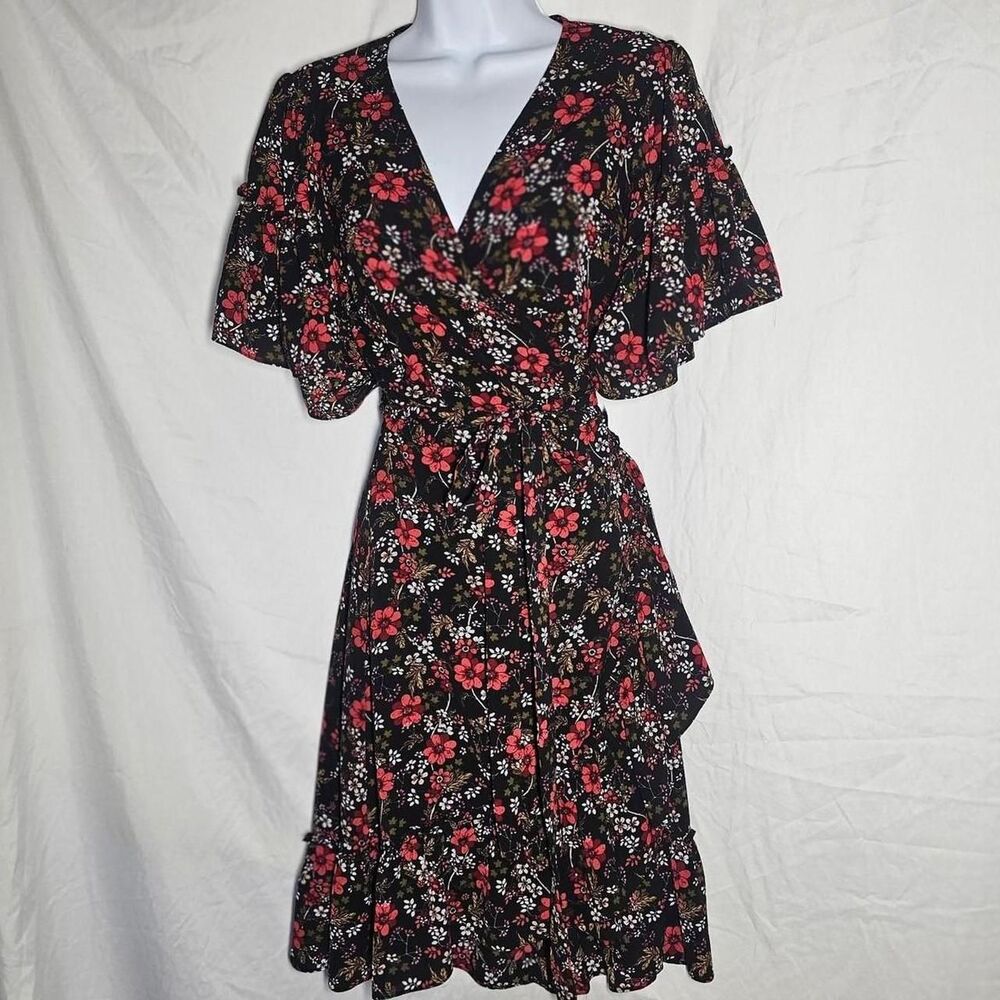 vintage y2k 90s burgundy black floral whimsical fairy ruffled wrap dress